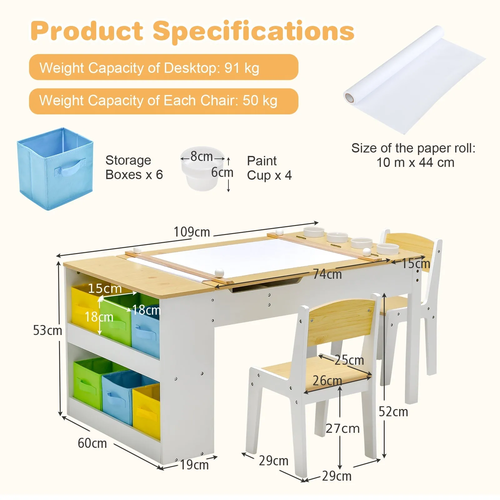 2-in-1 Kids Art Table and Chairs Set with 6 Storage Bins-Natural