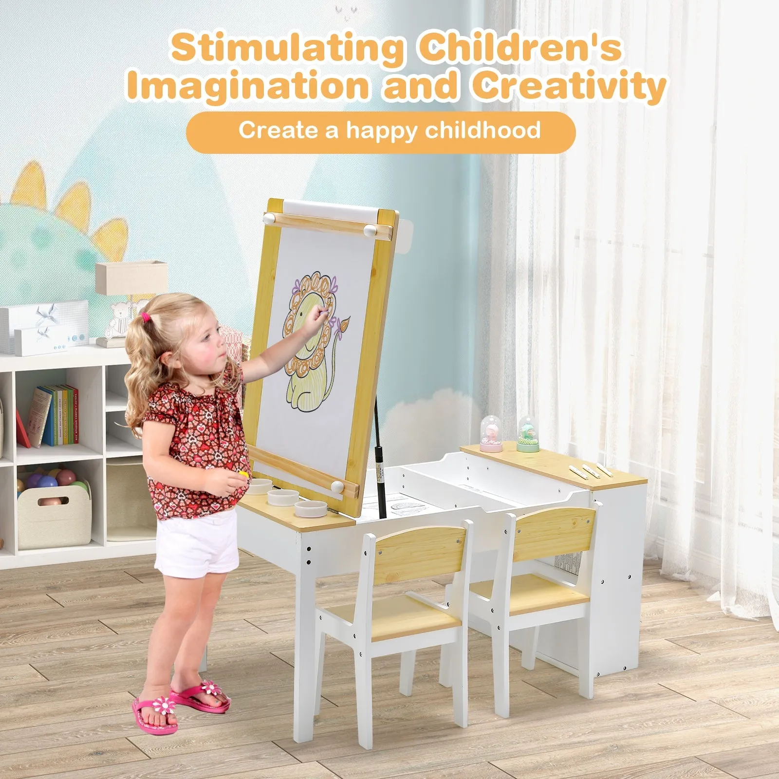 2-in-1 Kids Art Table and Chairs Set with 6 Storage Bins-Natural