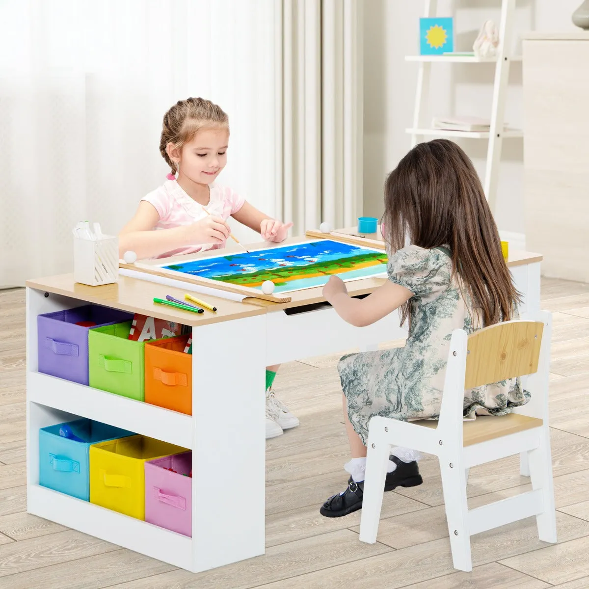 2-in-1 Kids Art Table Set with Chairs-Natural