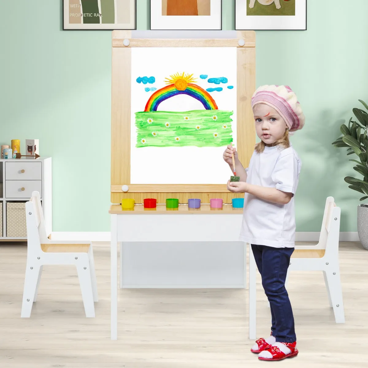 2-in-1 Kids Art Table Set with Chairs-Natural