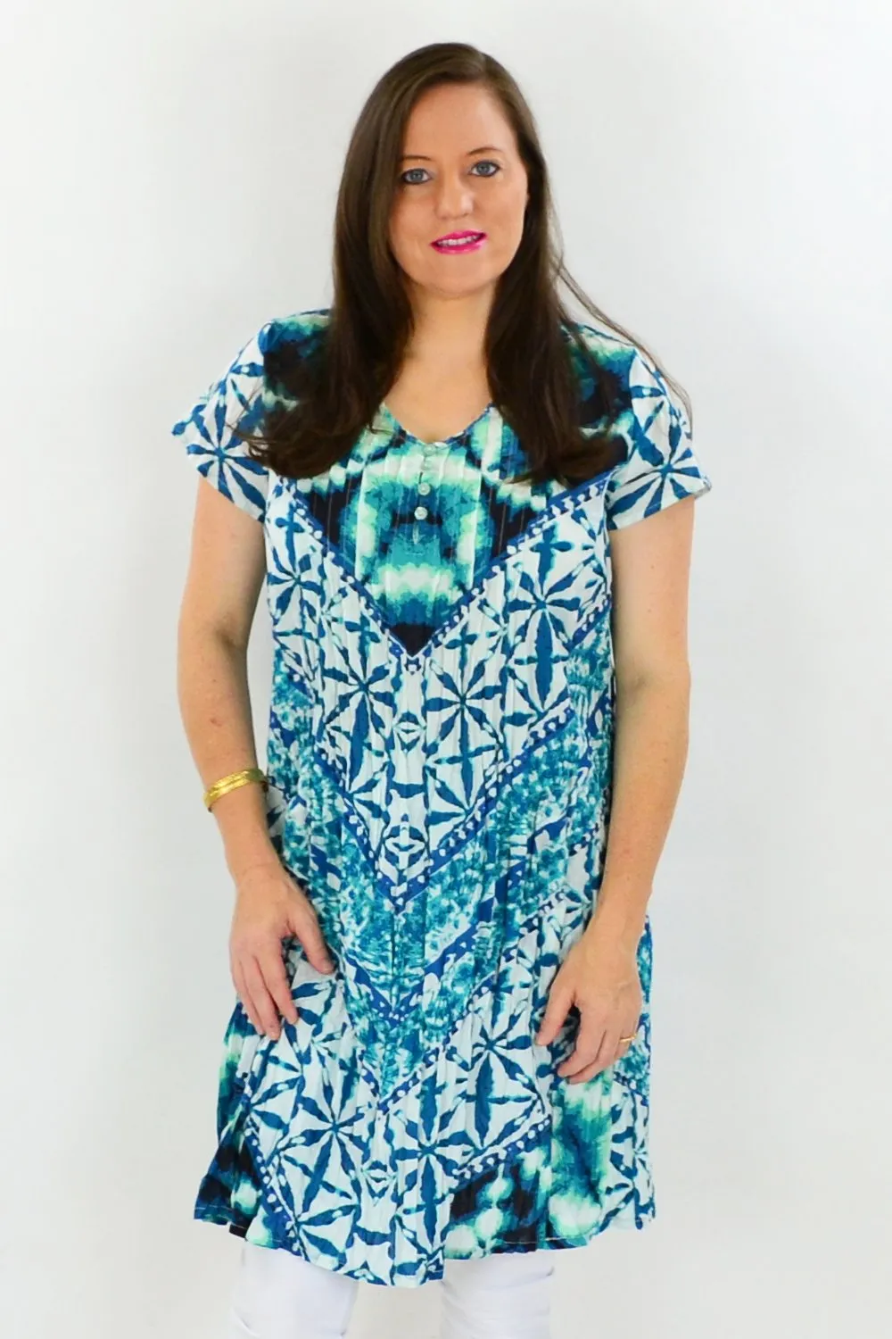 Aqua Print Cotton Tunic Dress