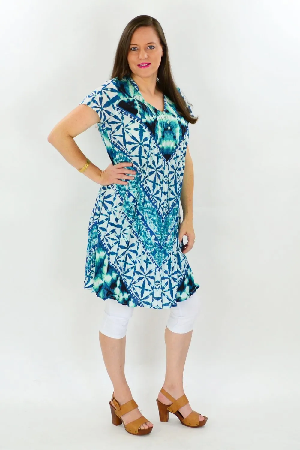 Aqua Print Cotton Tunic Dress