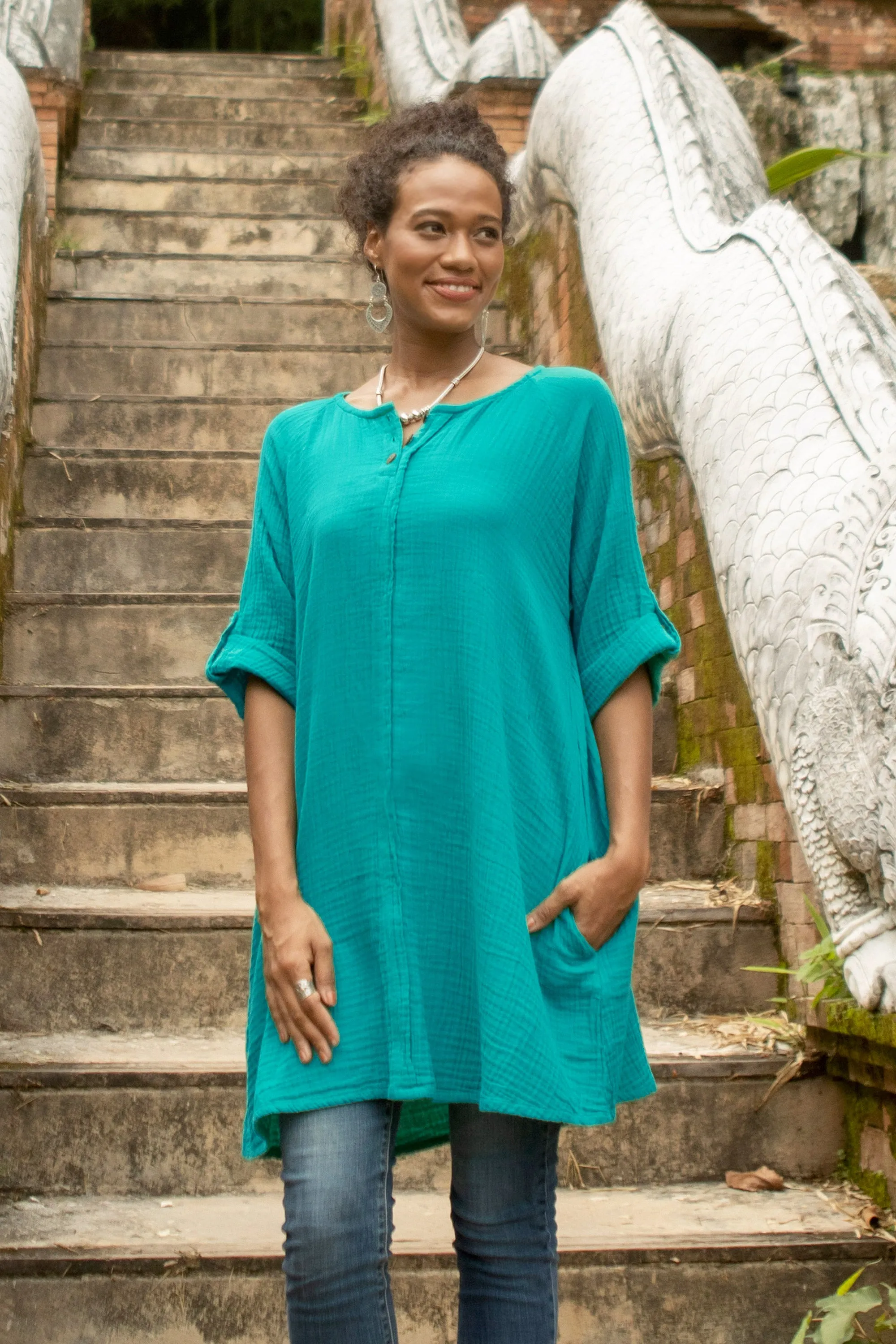 Artisan Crafted Cotton Tunic - Fresh Breeze in Sea Green | NOVICA