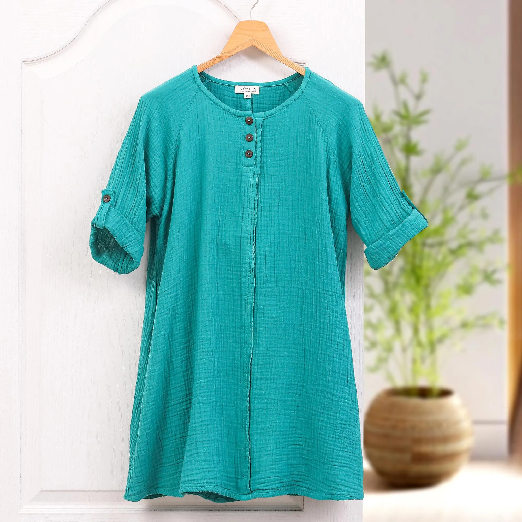 Artisan Crafted Cotton Tunic - Fresh Breeze in Sea Green | NOVICA