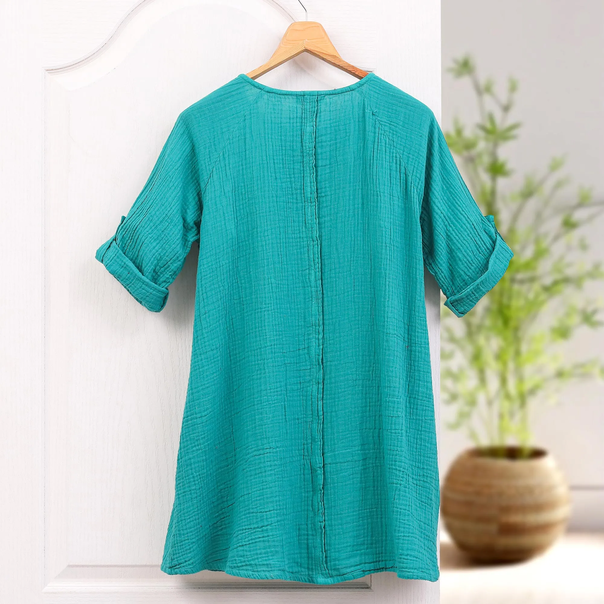 Artisan Crafted Cotton Tunic - Fresh Breeze in Sea Green | NOVICA