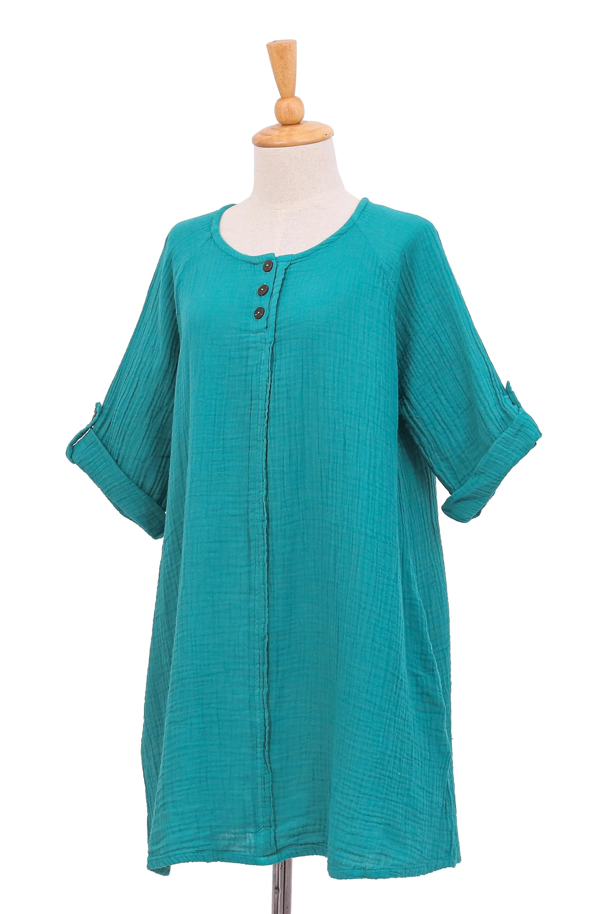 Artisan Crafted Cotton Tunic - Fresh Breeze in Sea Green | NOVICA