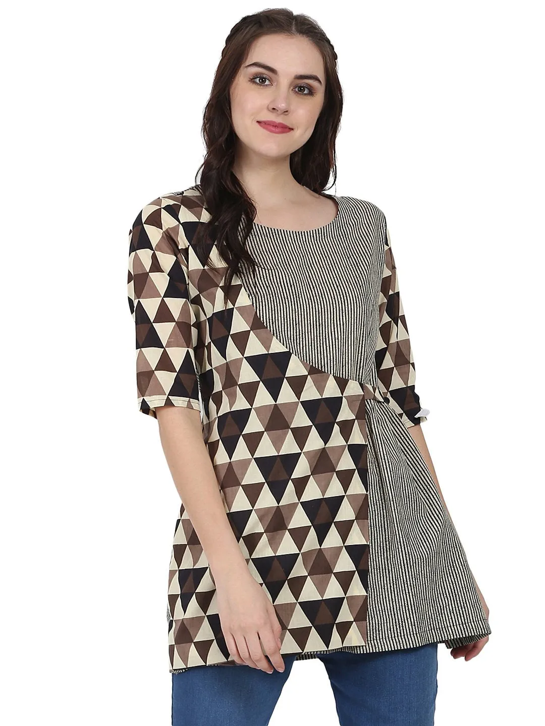 Beige Printed 3/4Th Sleeve Cotton Layered Tunic