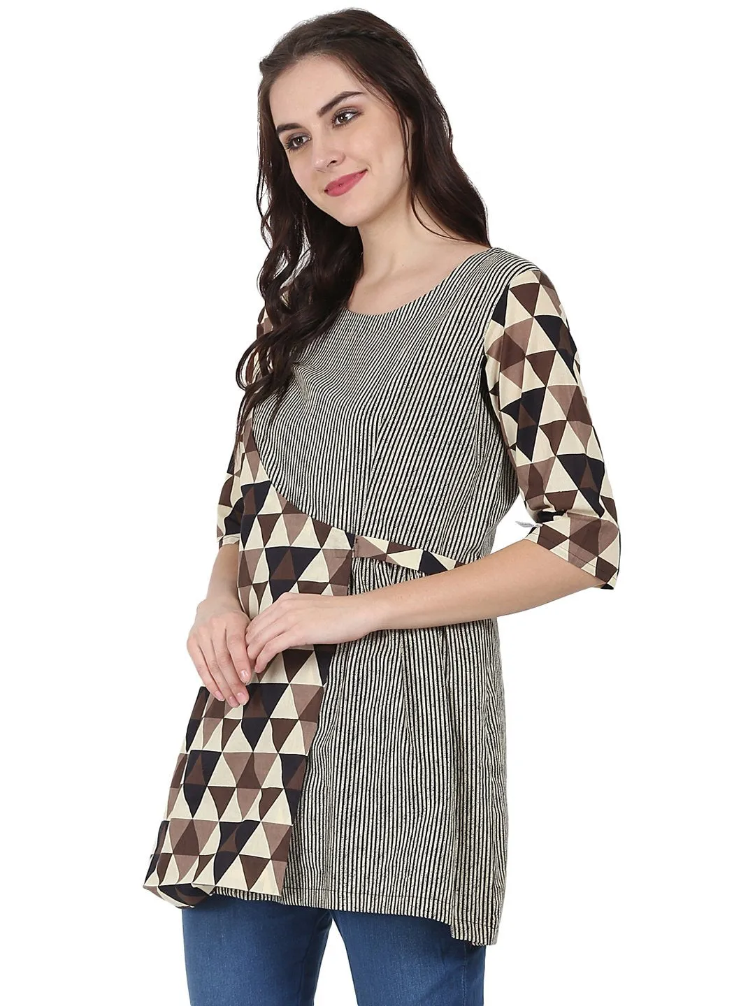 Beige Printed 3/4Th Sleeve Cotton Layered Tunic