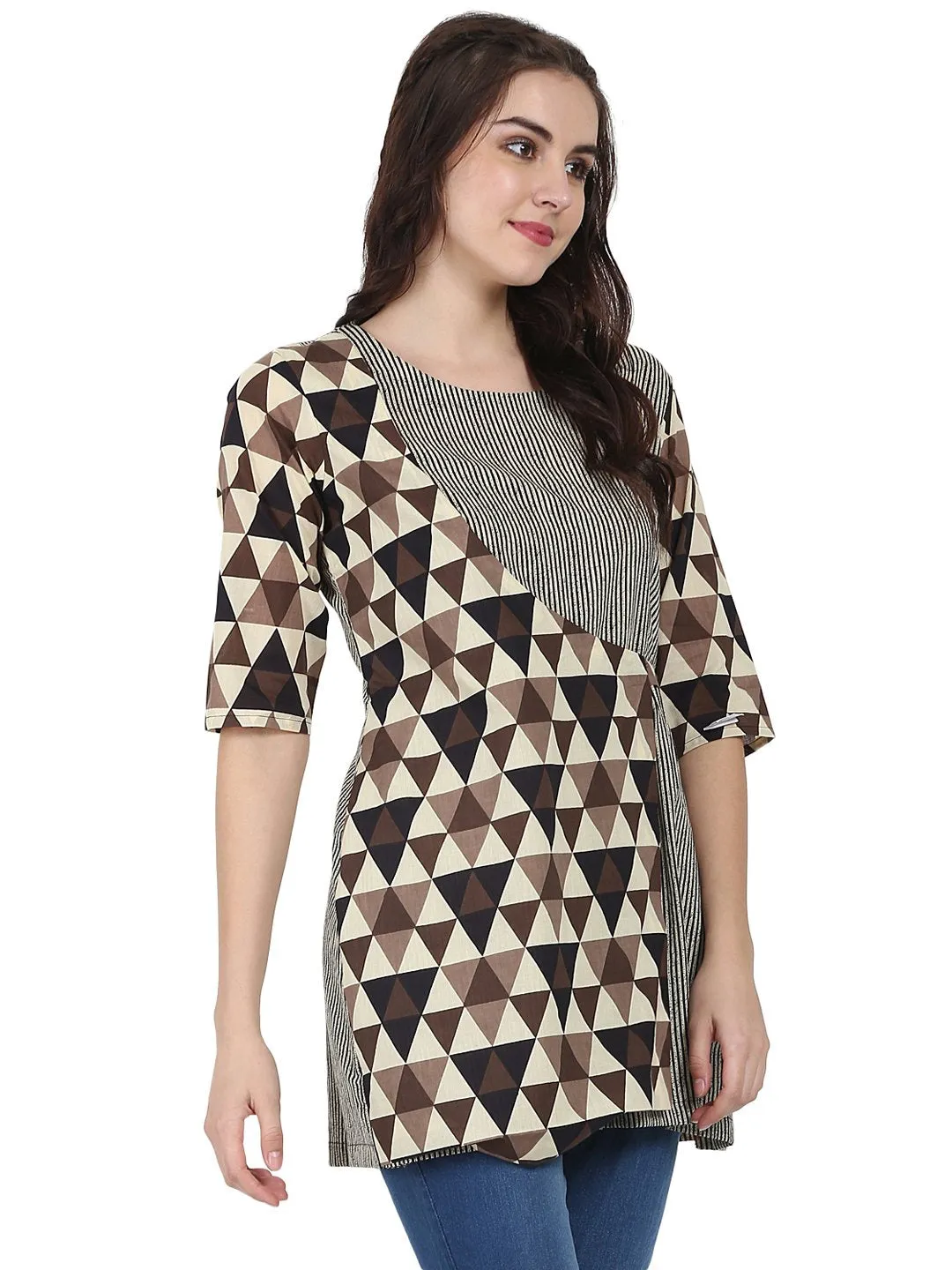 Beige Printed 3/4Th Sleeve Cotton Layered Tunic