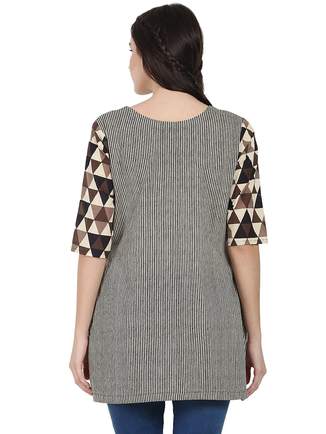 Beige Printed 3/4Th Sleeve Cotton Layered Tunic