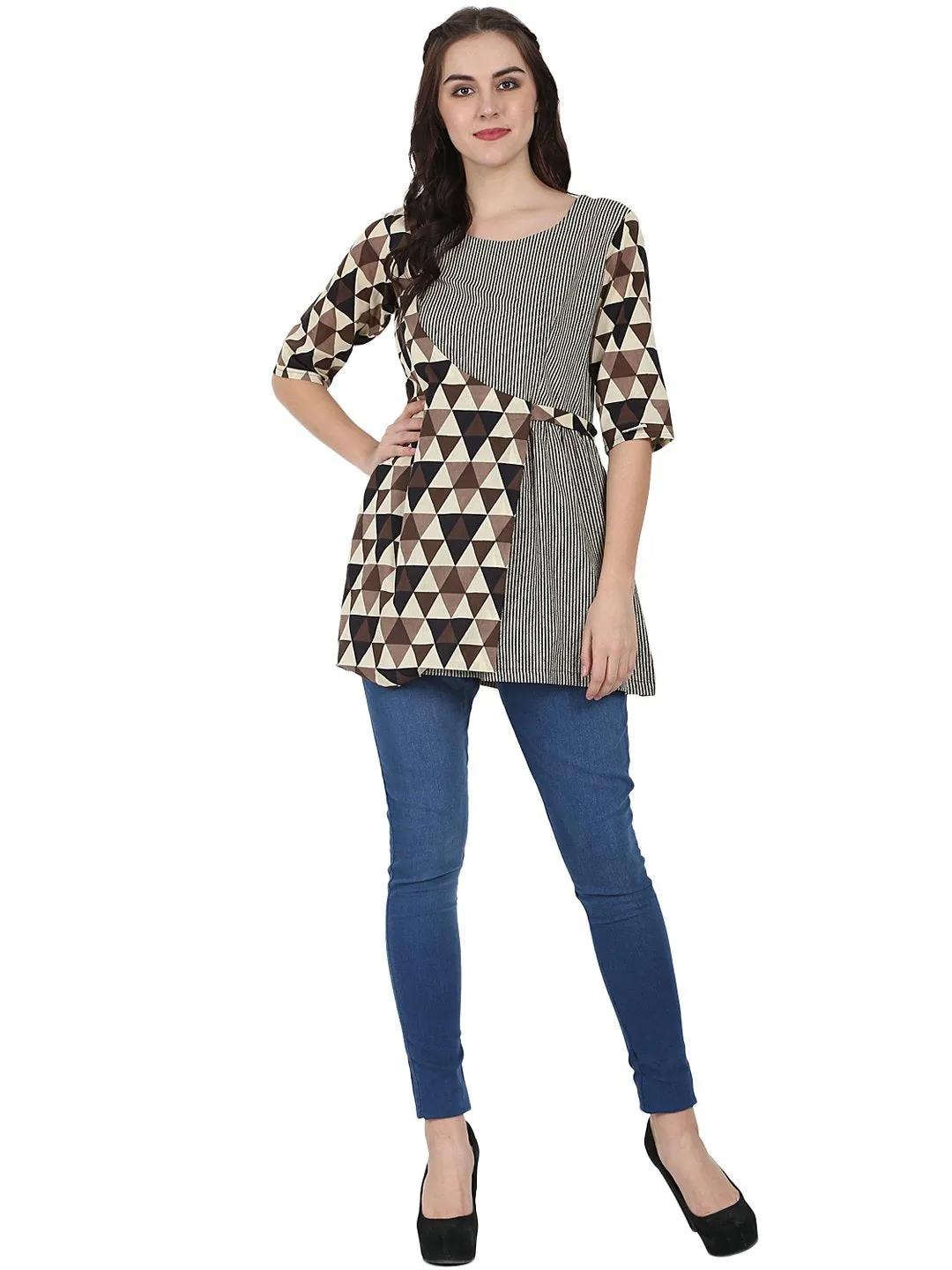 Beige Printed 3/4Th Sleeve Cotton Layered Tunic