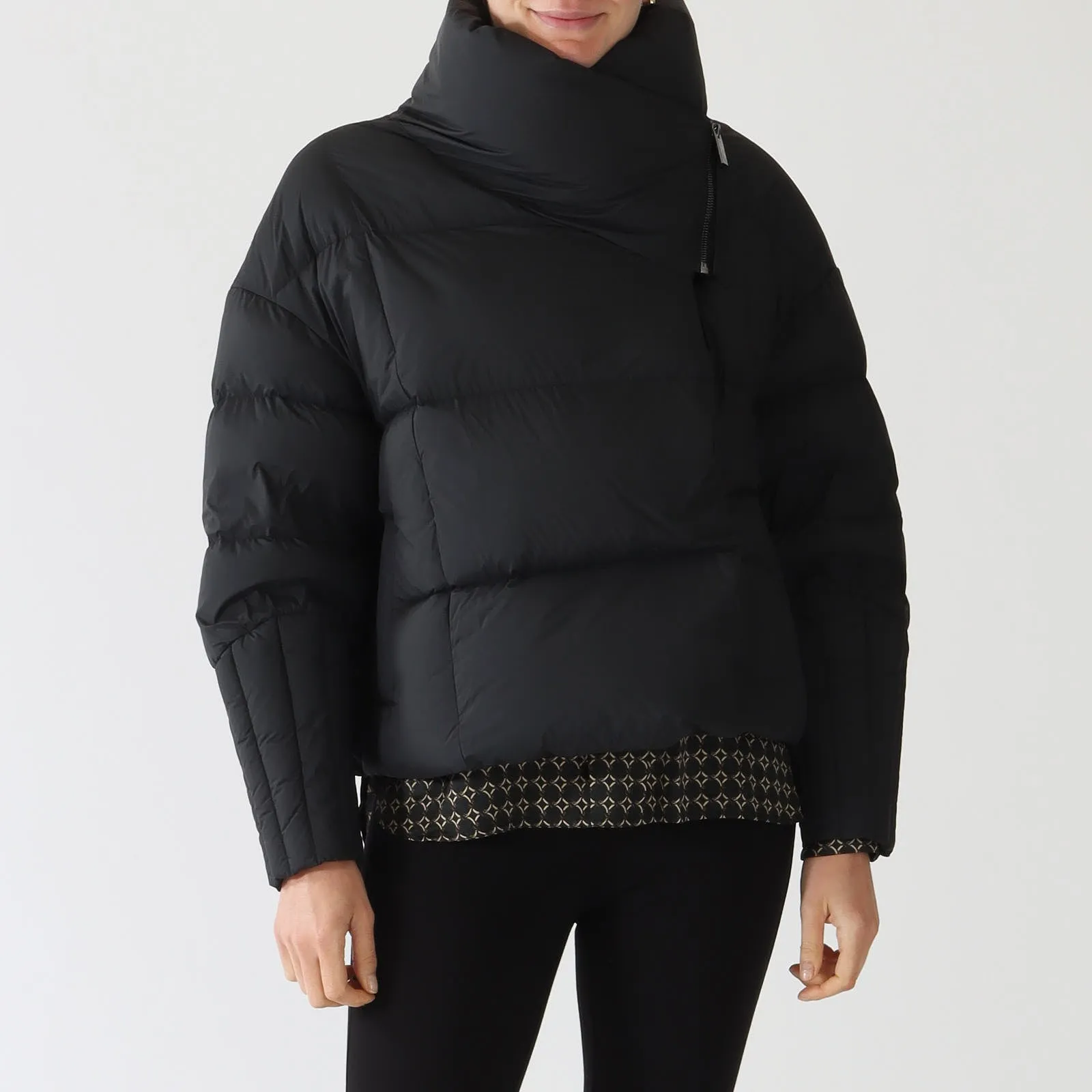 Black Asymmetric Zip Down Quilted Coat