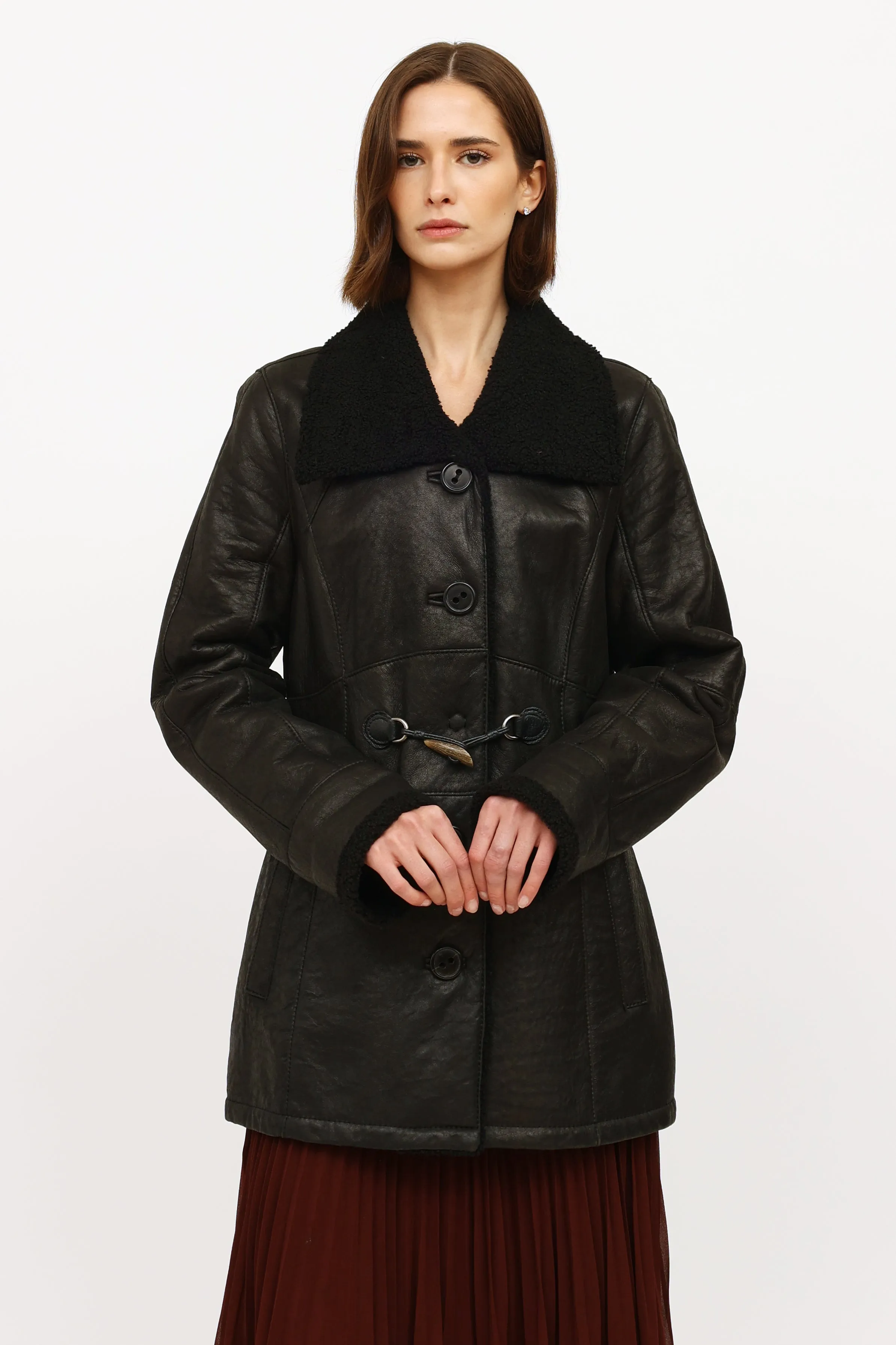 Black Leather Shearling Coat