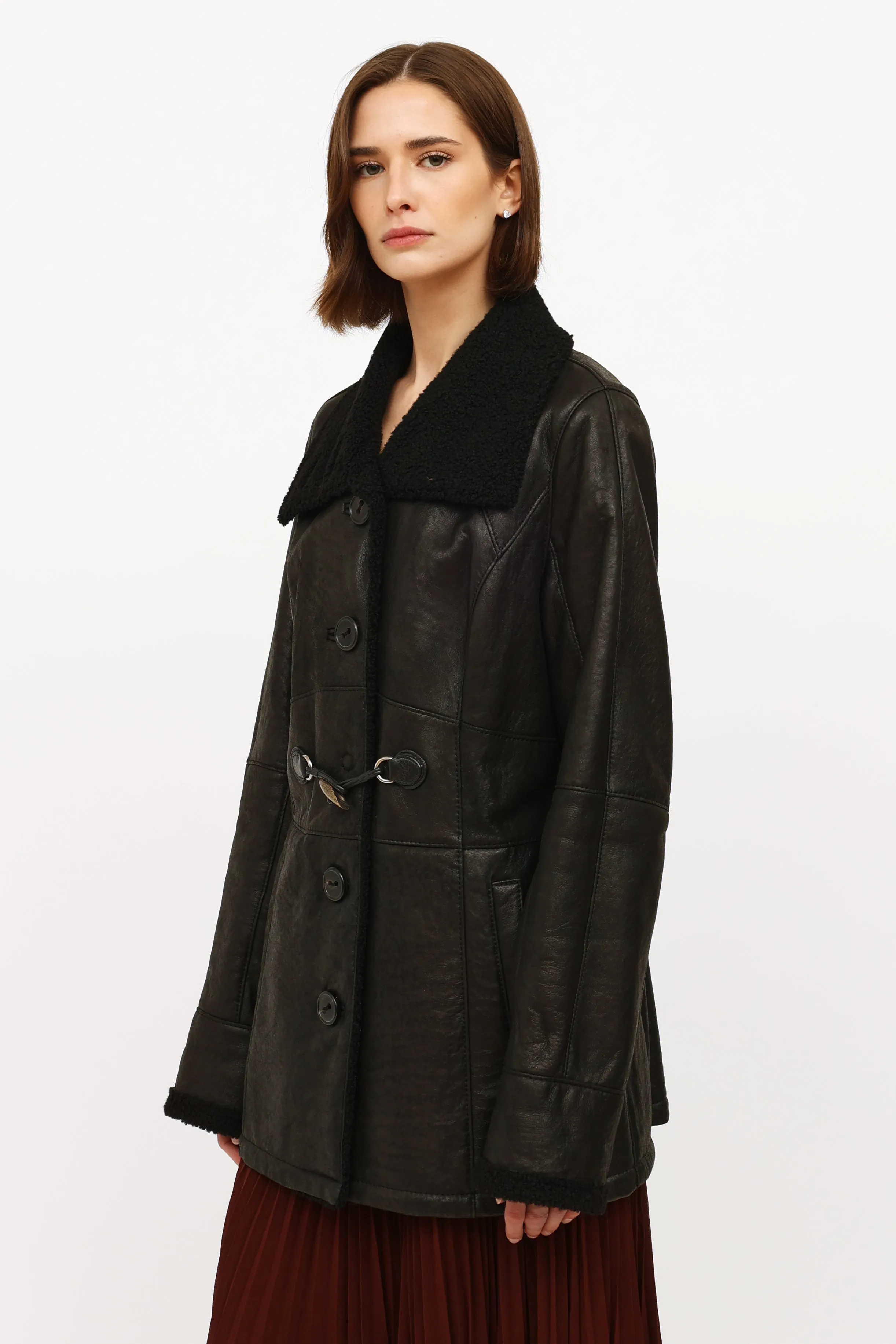 Black Leather Shearling Coat