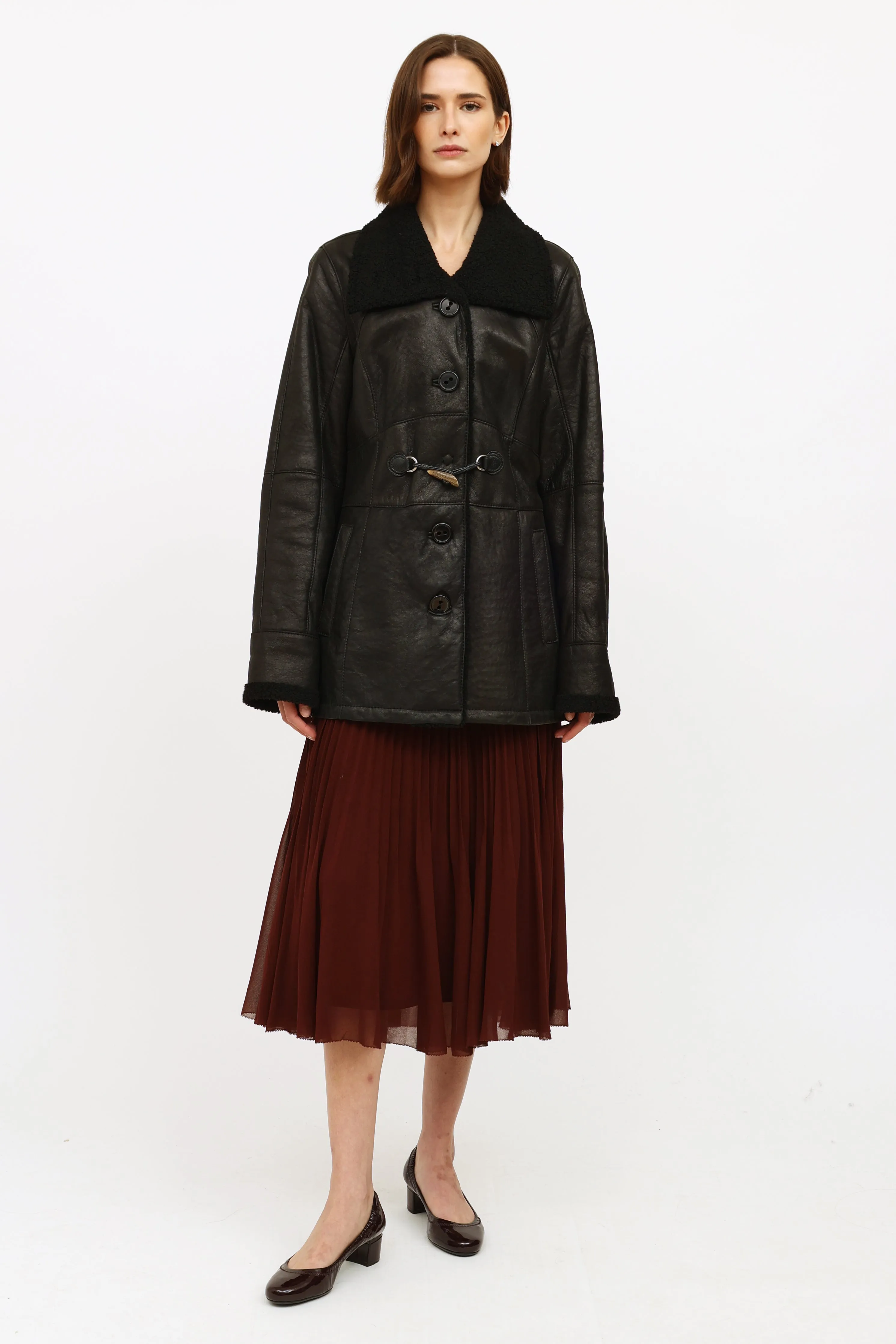 Black Leather Shearling Coat