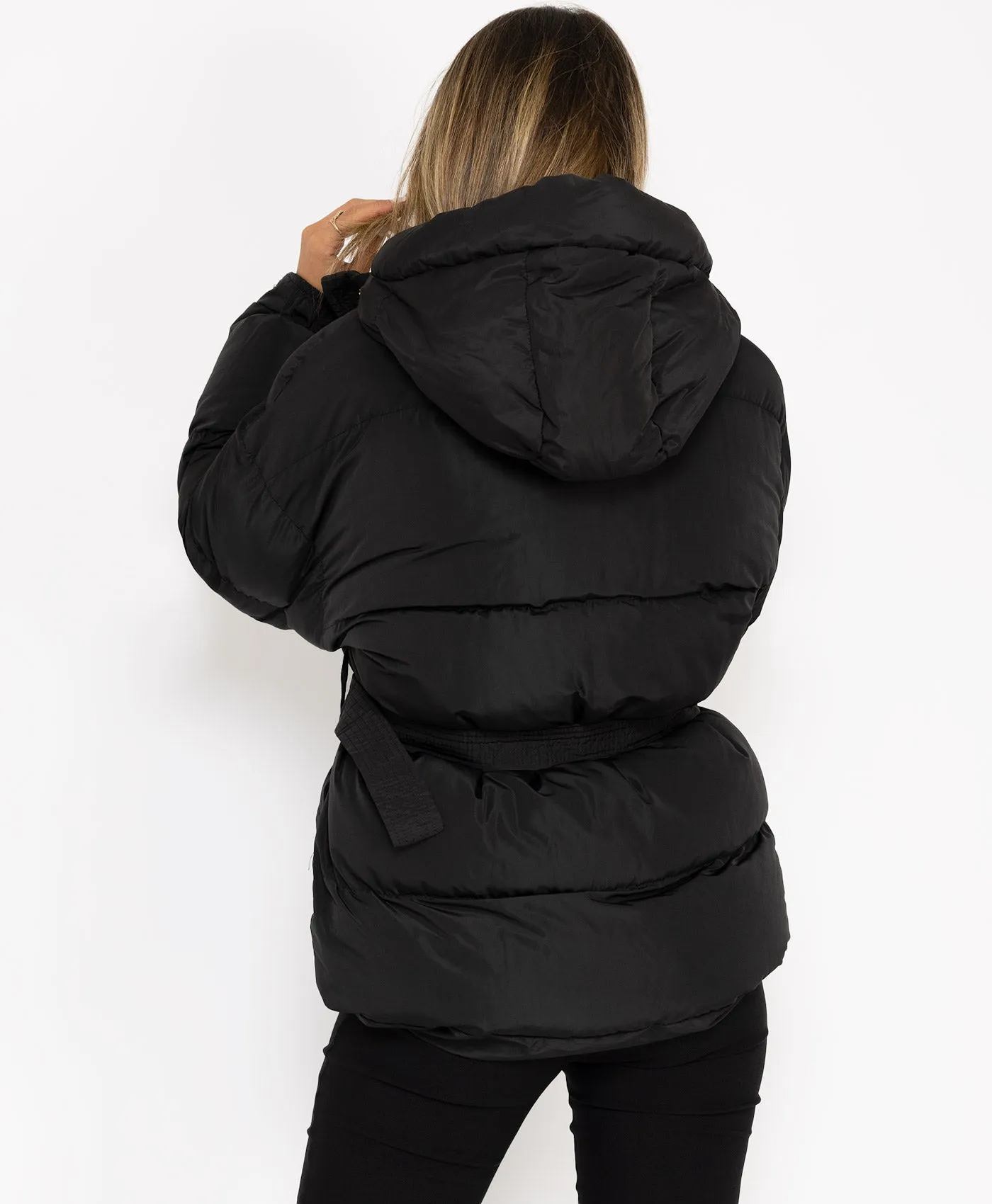 Black Padded Quilted Belted Puffer Duvet Jacket