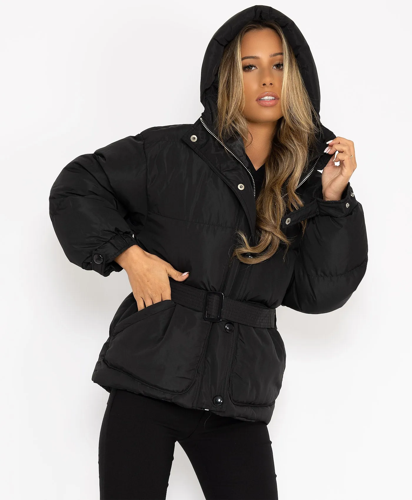 Black Padded Quilted Belted Puffer Duvet Jacket