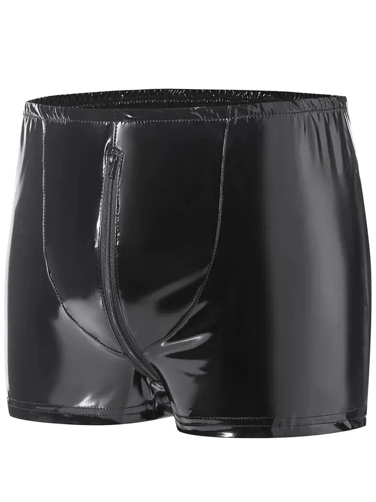 Black Shiny Leather Hollow Out Boxer