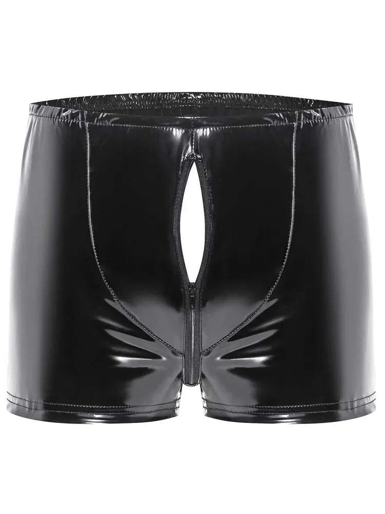 Black Shiny Leather Hollow Out Boxer