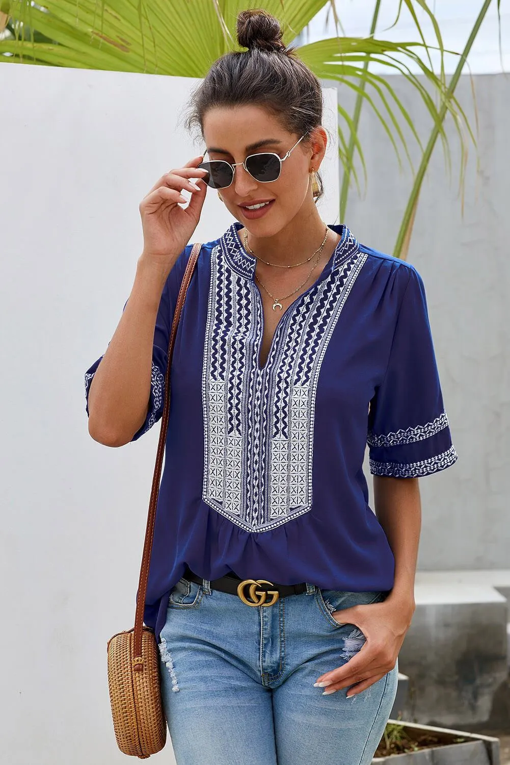 Blue Elbow Length Sleeves Front Embroidery Boho Blouse