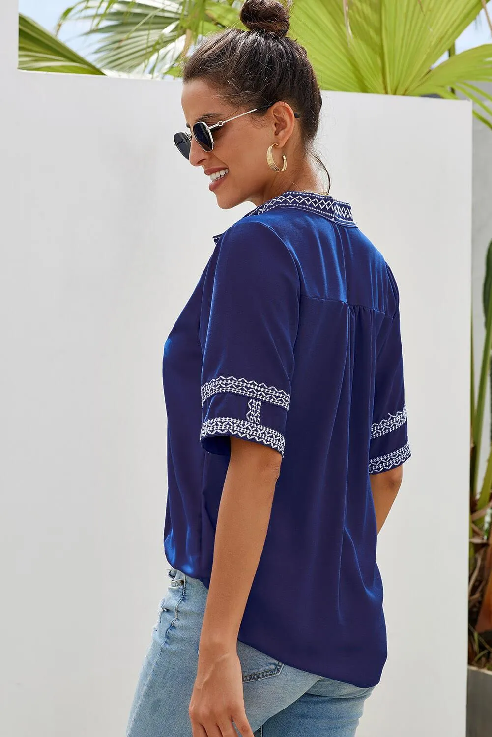 Blue Elbow Length Sleeves Front Embroidery Boho Blouse