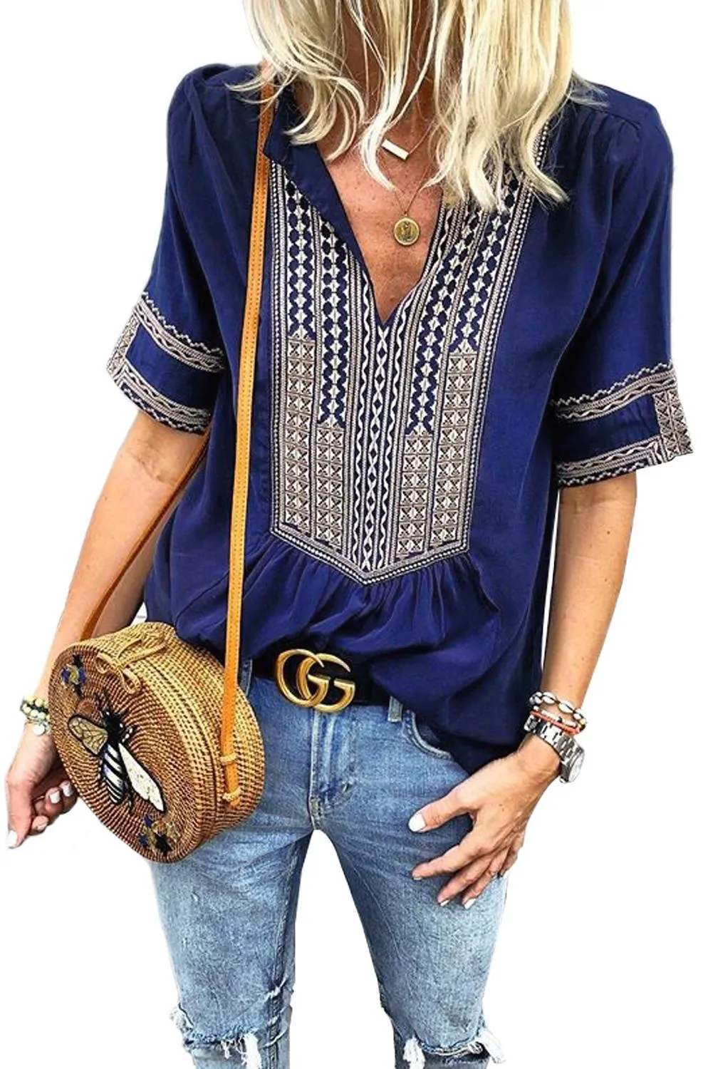 Blue Elbow Length Sleeves Front Embroidery Boho Blouse