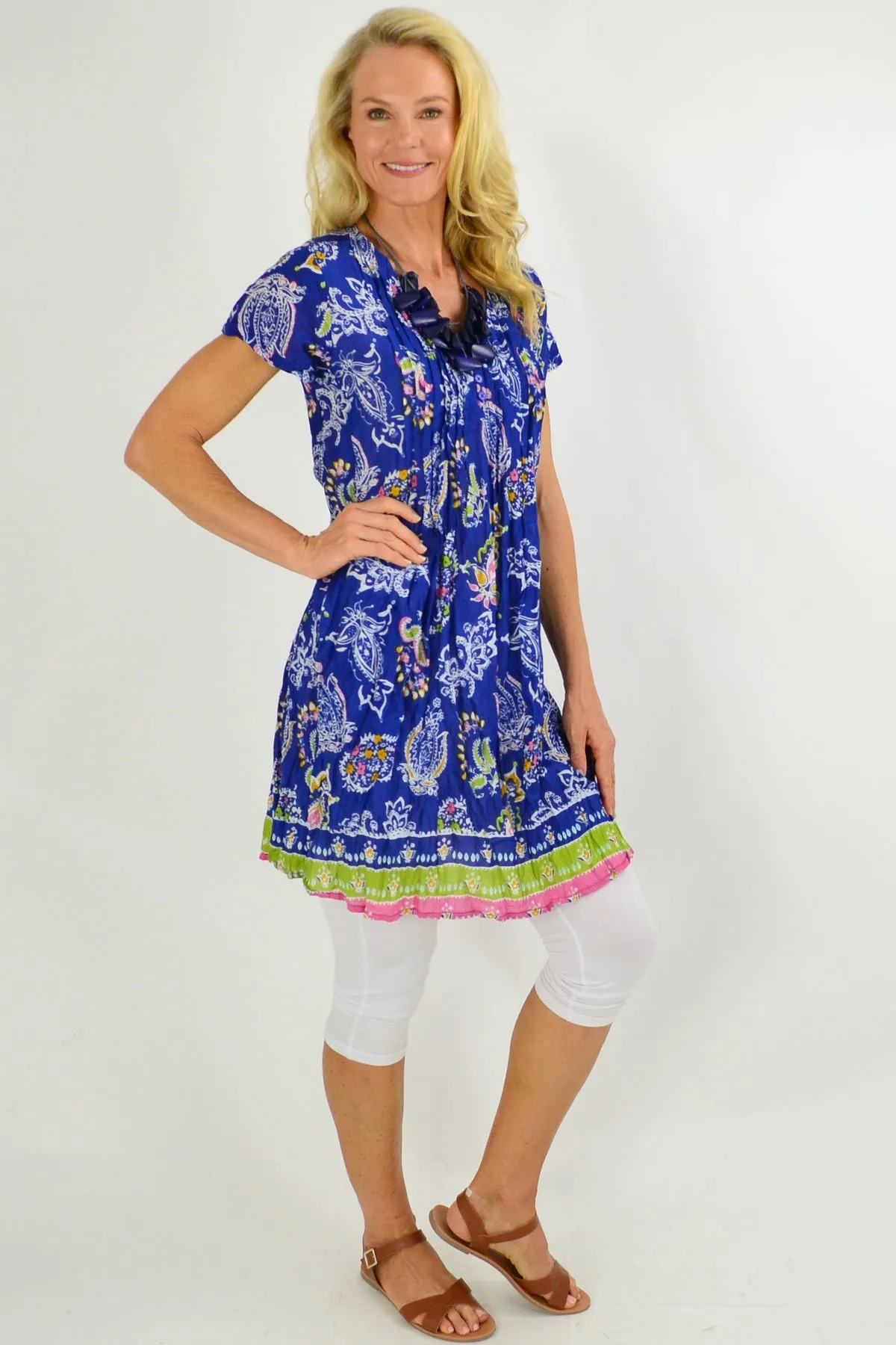 Blue Paisley Cap Sleeve Tunic Top