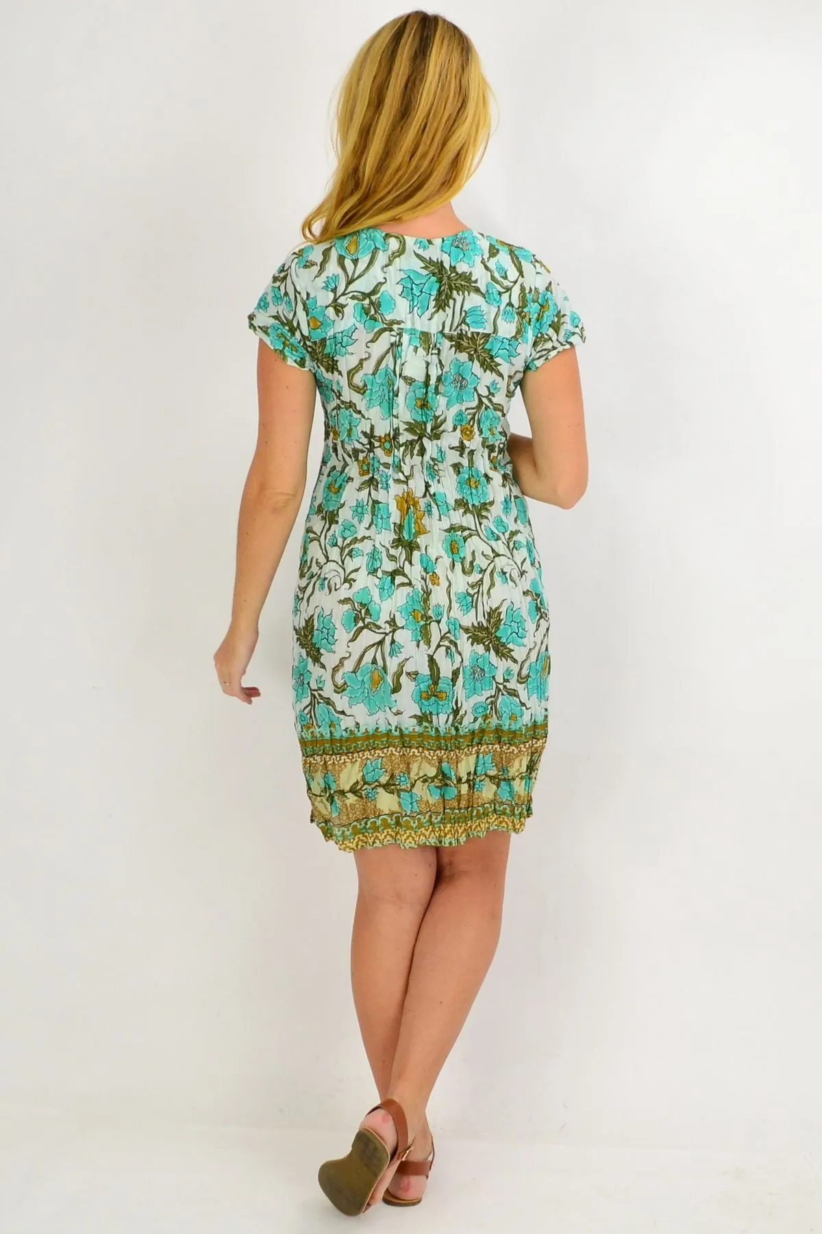 Blue Tree Flower Cotton Tunic Dress