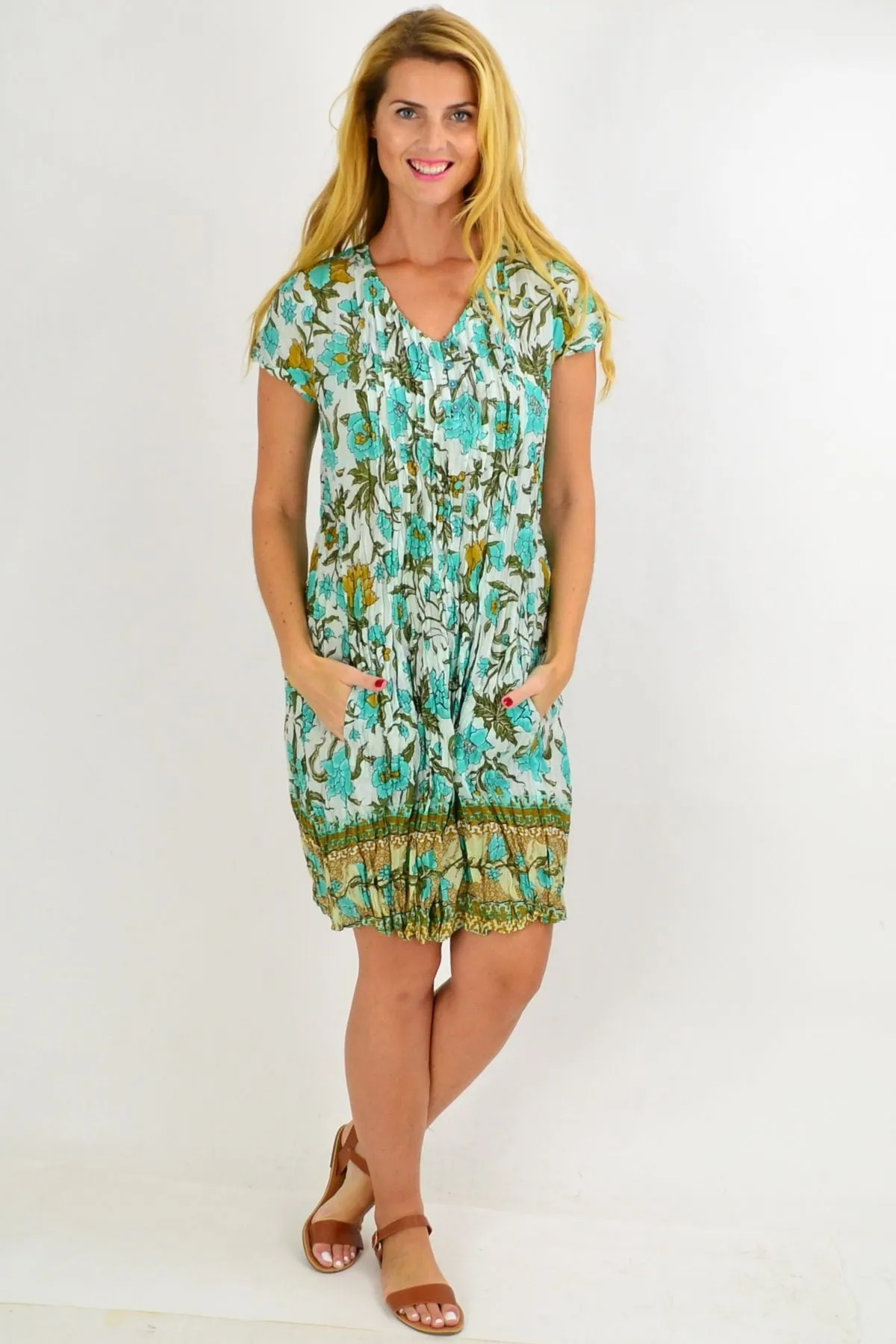 Blue Tree Flower Cotton Tunic Dress