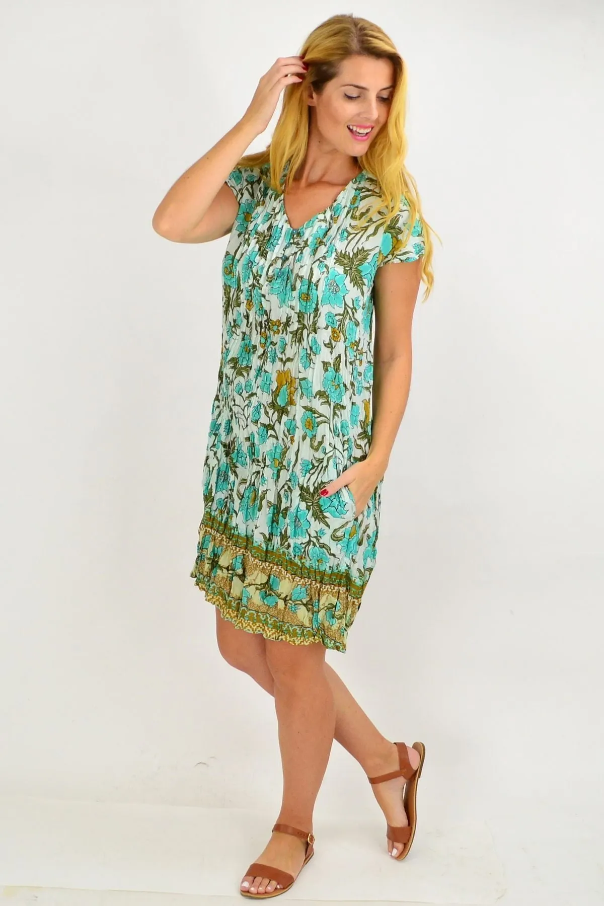 Blue Tree Flower Cotton Tunic Dress