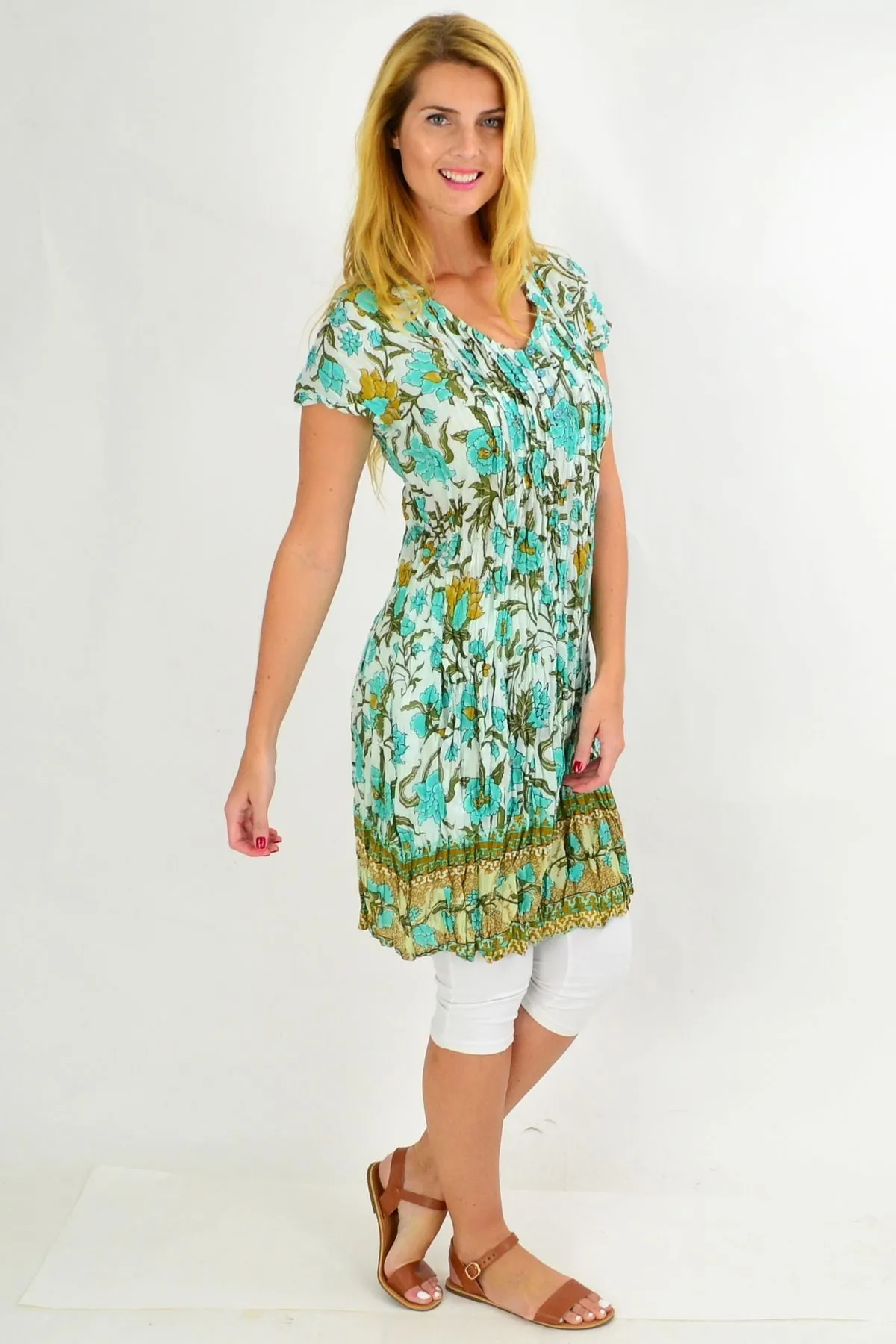 Blue Tree Flower Cotton Tunic Dress