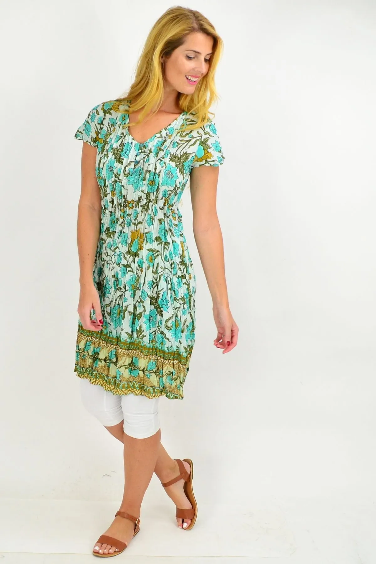 Blue Tree Flower Cotton Tunic Dress