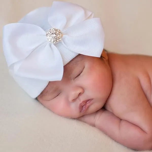 Bow With Rhinestone Center Newborn Hospital Hat 0-3m