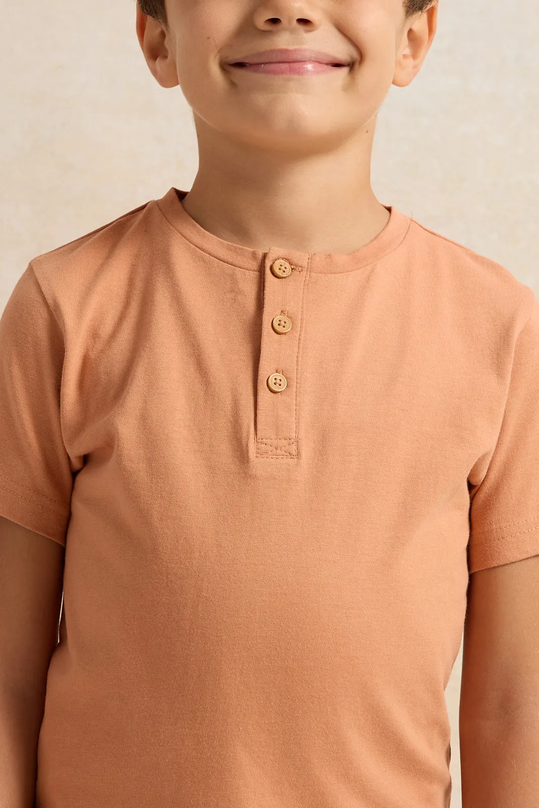 Boys Beige Solid Short Sleeve Henley T-Shirt