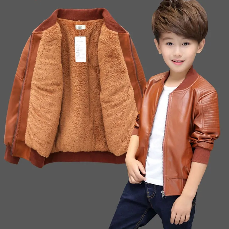 Boys Leather Jacket with Fur Lining - Tan , Color - Velvet Coffee