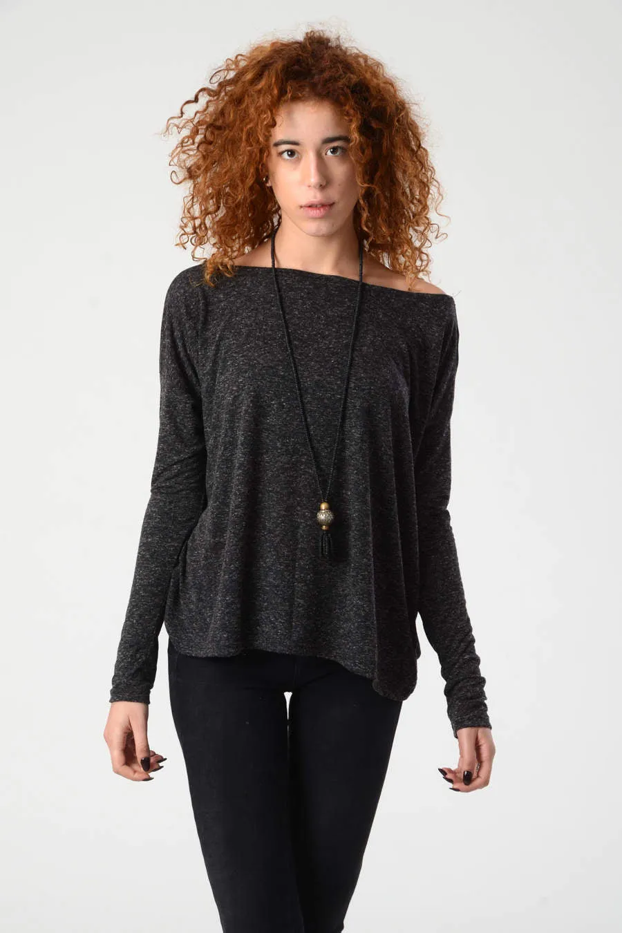 Casual Long Sleeve Dark Grey Tunic Shirt