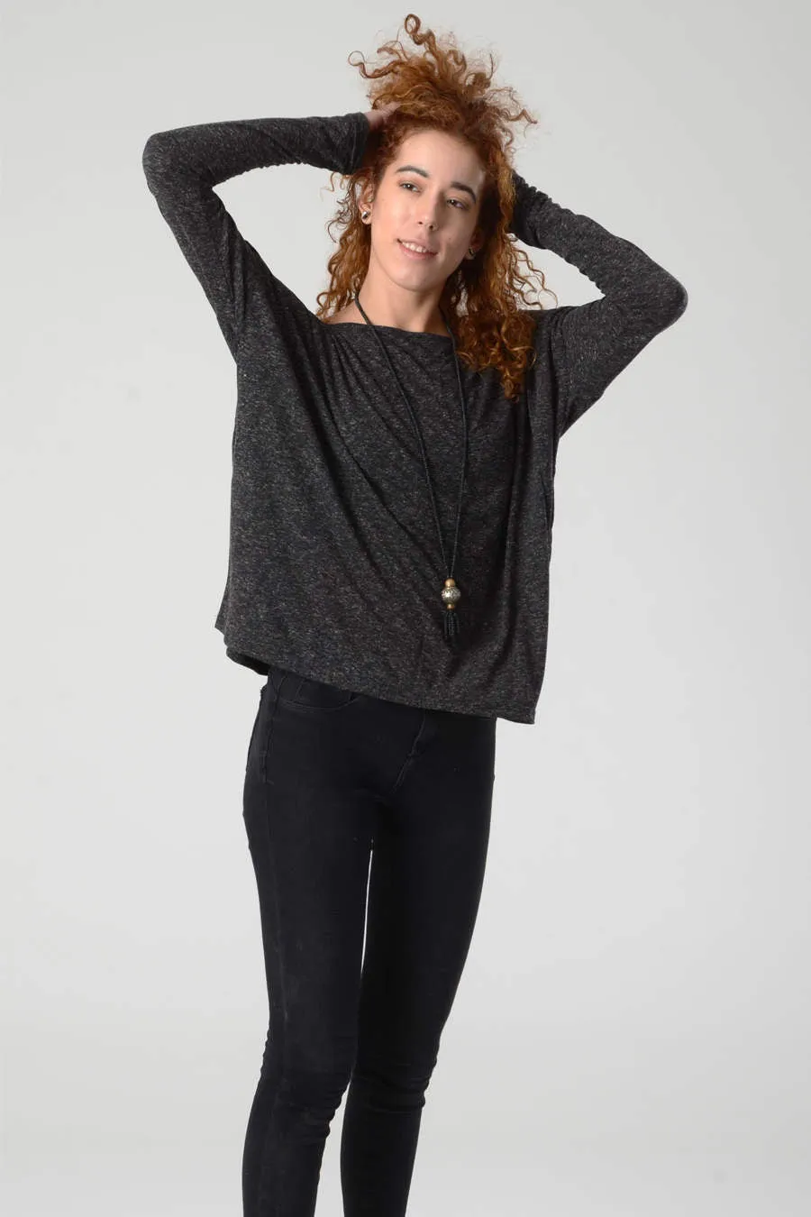 Casual Long Sleeve Dark Grey Tunic Shirt