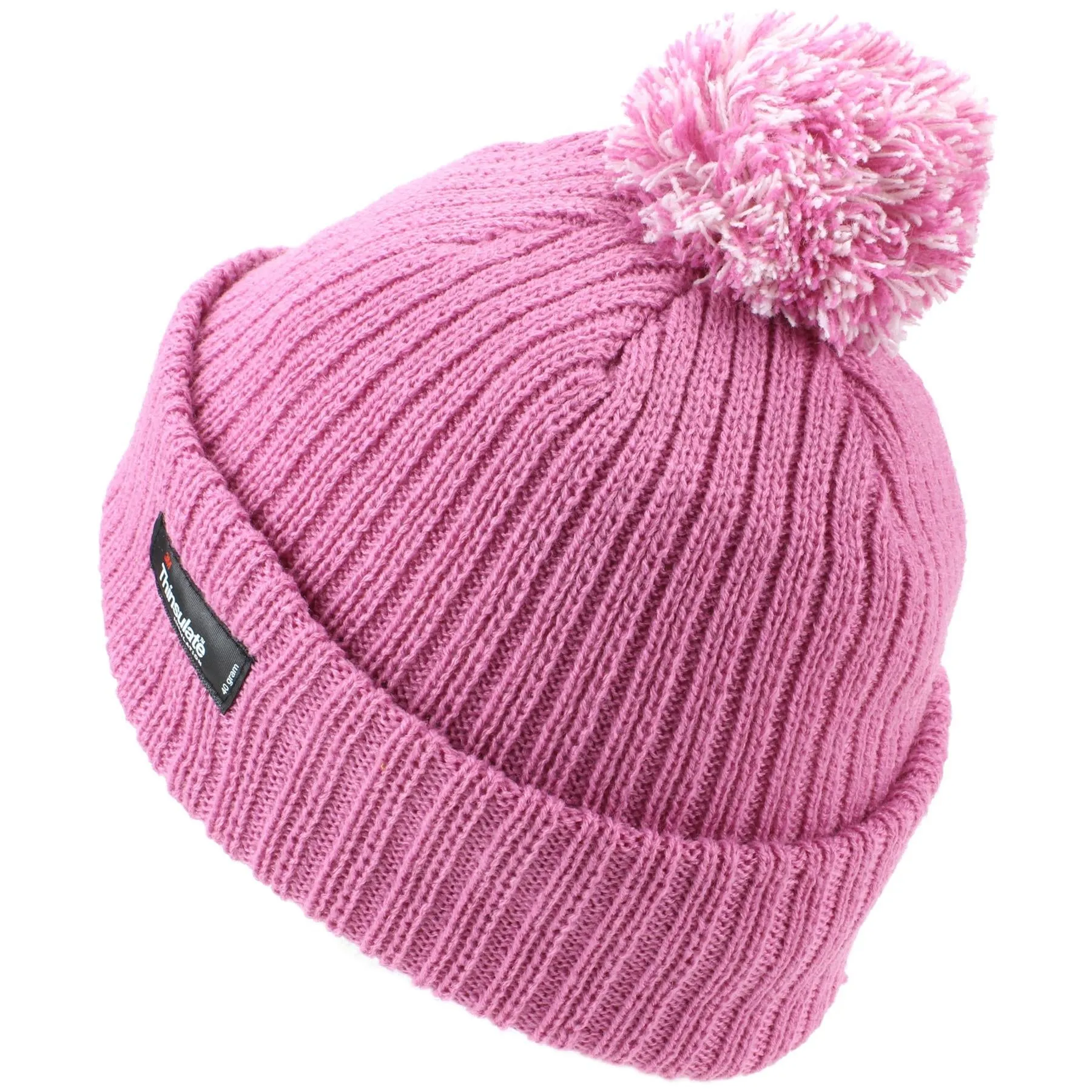 Childrens Beanie Hat with Turn-up and 2-Tone Bobble - Pink