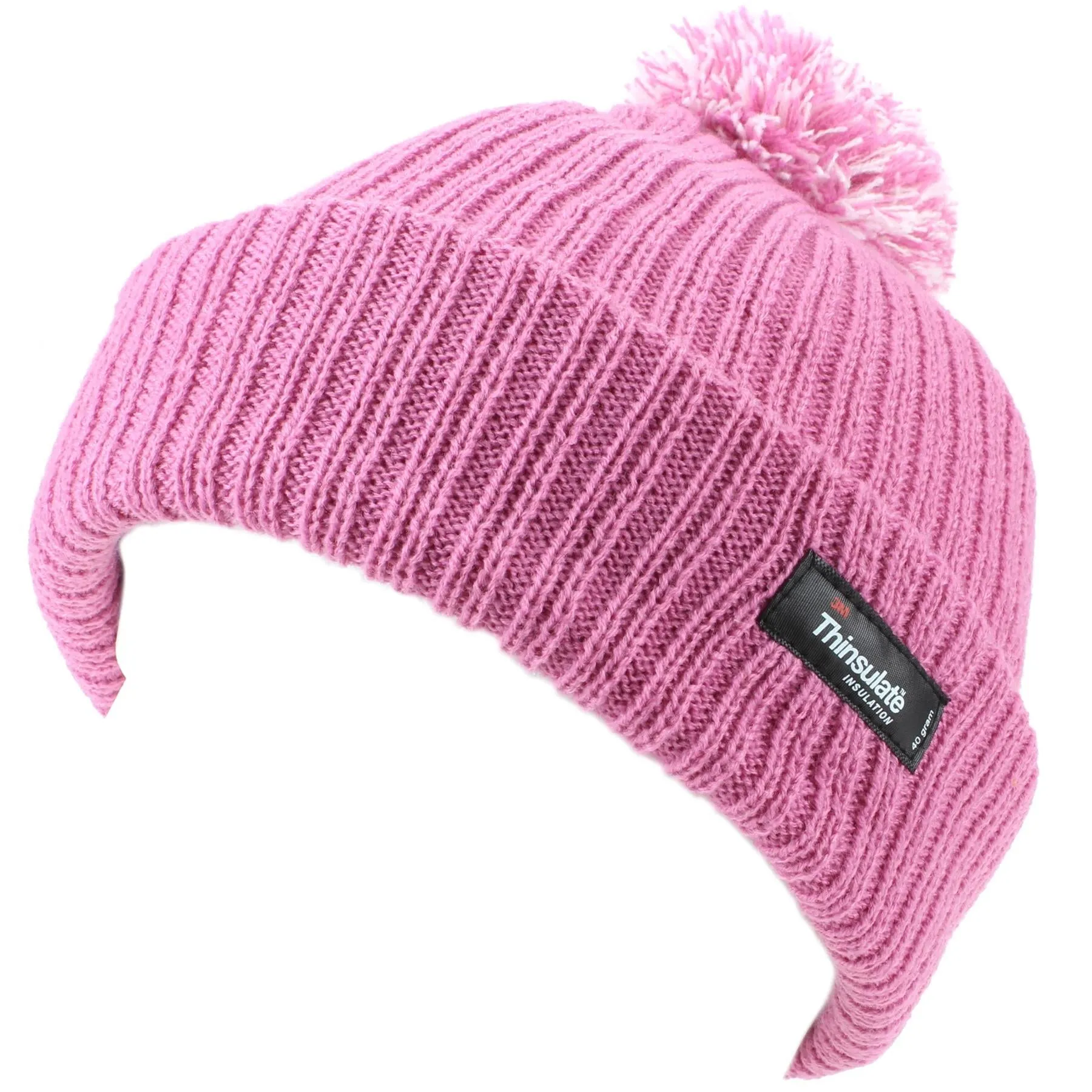 Childrens Beanie Hat with Turn-up and 2-Tone Bobble - Pink