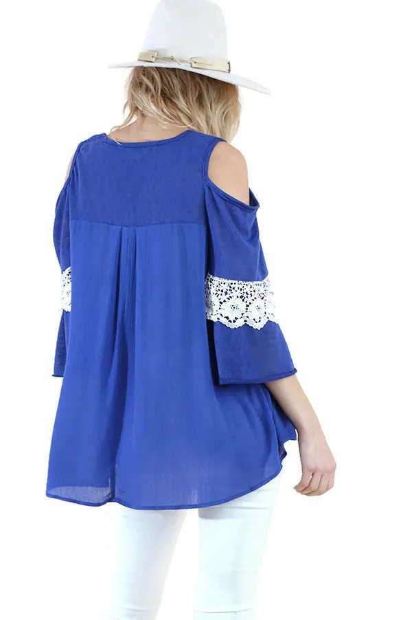 Cold Shoulder Ruffle Sleeve Top, Blue