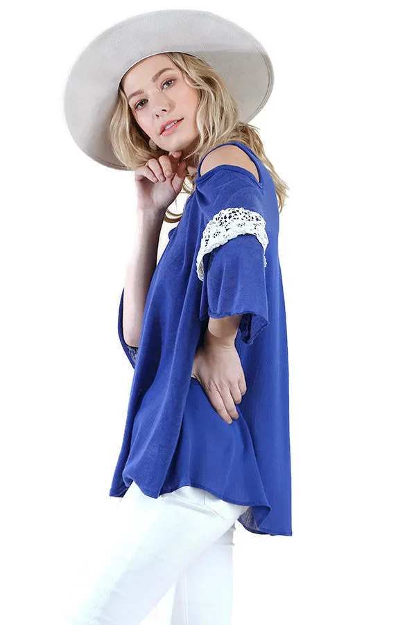 Cold Shoulder Ruffle Sleeve Top, Blue