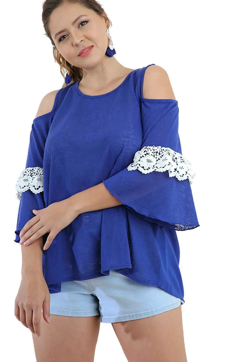 Cold Shoulder Ruffle Sleeve Top, Blue