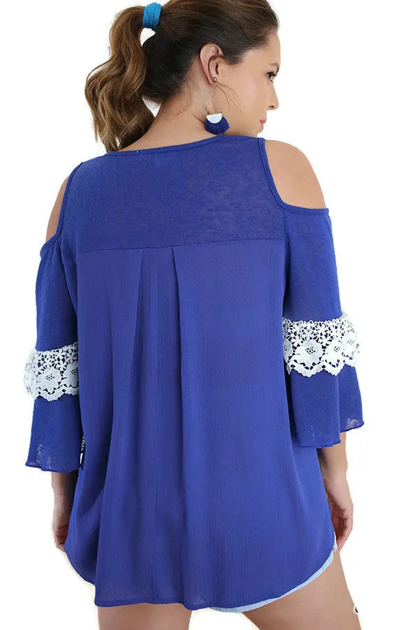 Cold Shoulder Ruffle Sleeve Top, Blue