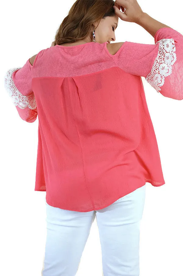 Cold Shoulder Ruffle Sleeve Top, Coral