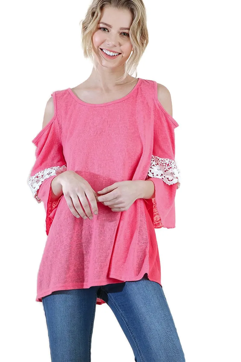 Cold Shoulder Ruffle Sleeve Top, Coral