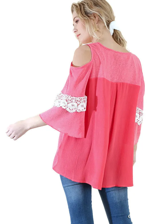 Cold Shoulder Ruffle Sleeve Top, Coral