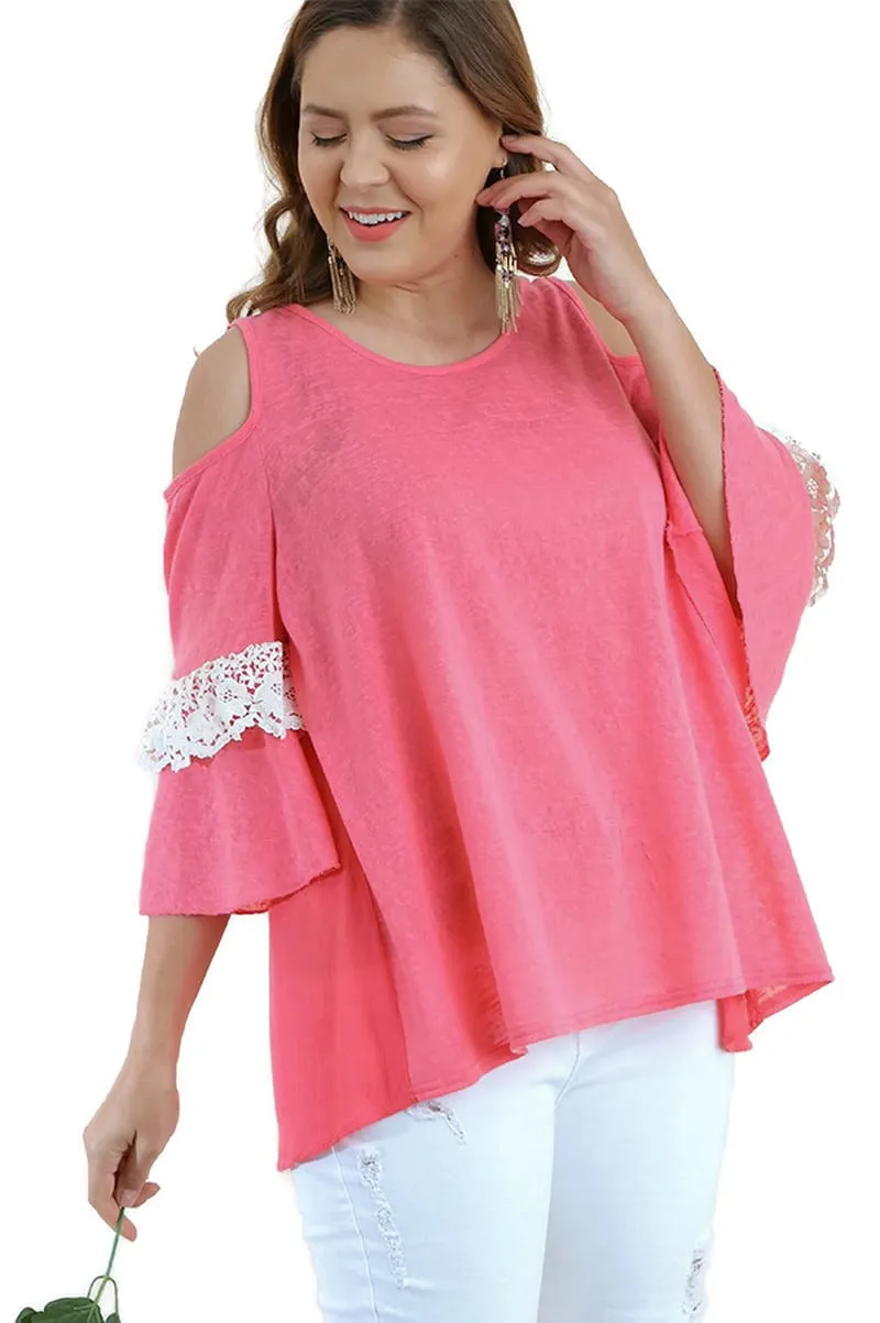 Cold Shoulder Ruffle Sleeve Top, Coral