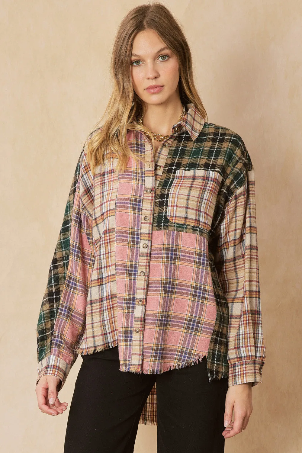 Color Block Plaid Flannel Top