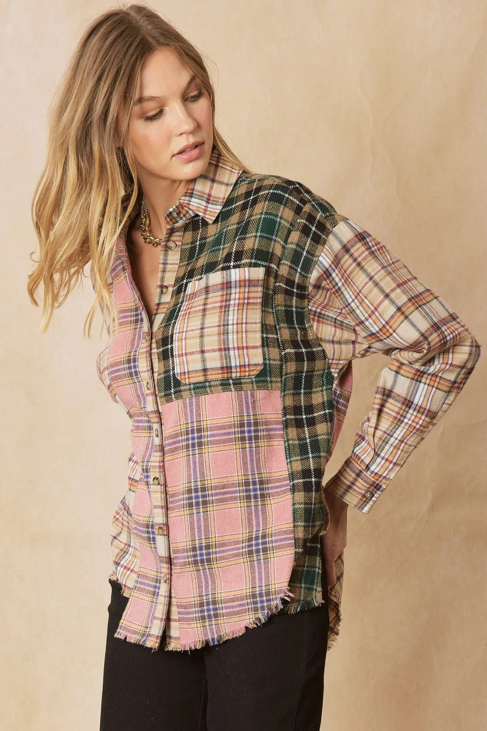 Color Block Plaid Flannel Top