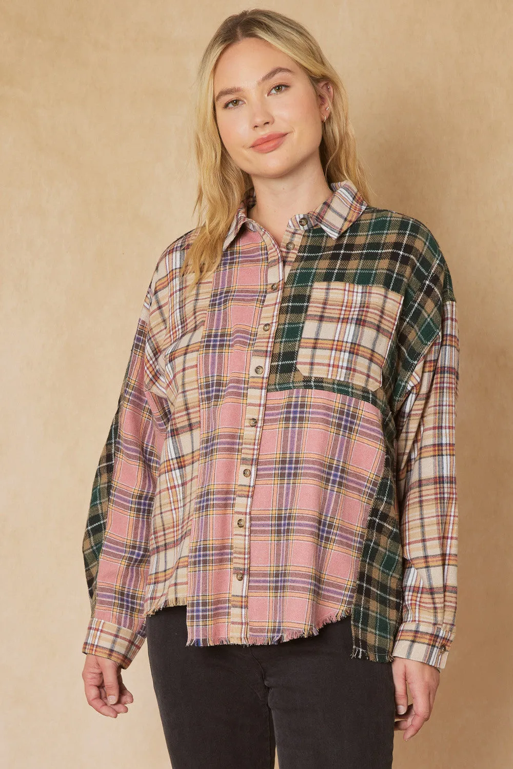 Color Block Plaid Flannel Top